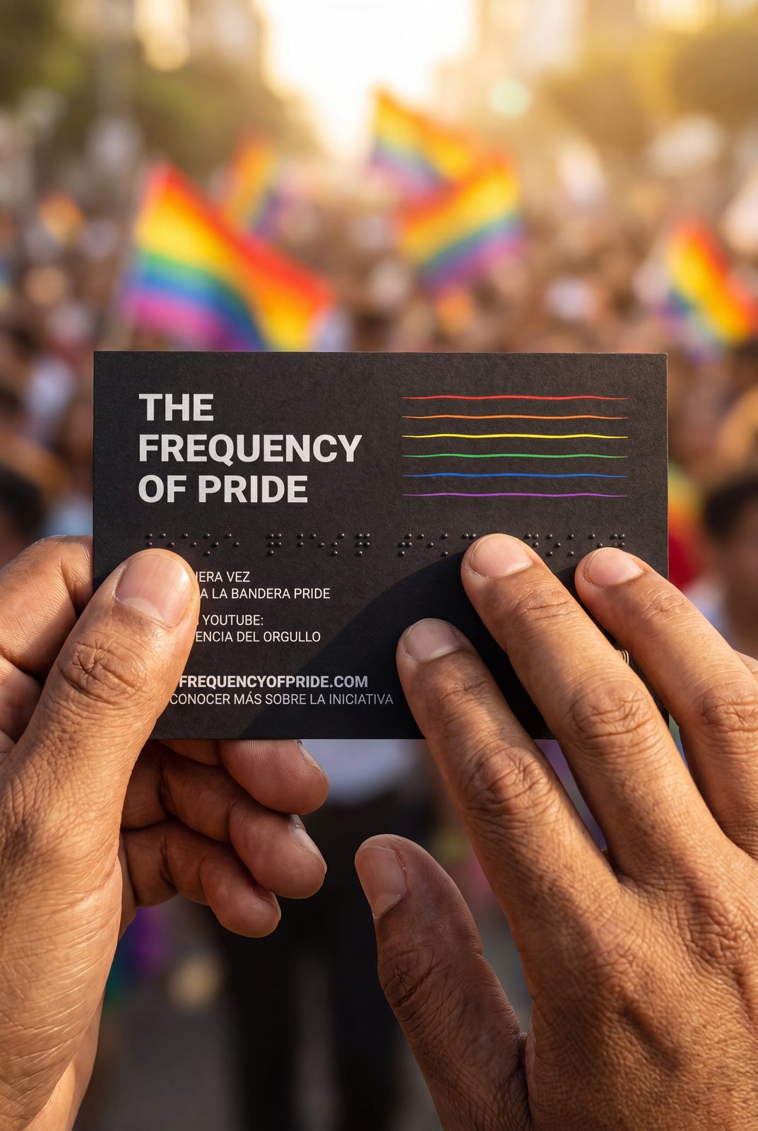 Manos sosteniendo la Pride Card frente a banderas del arcoíris en la Marcha del Orgullo.