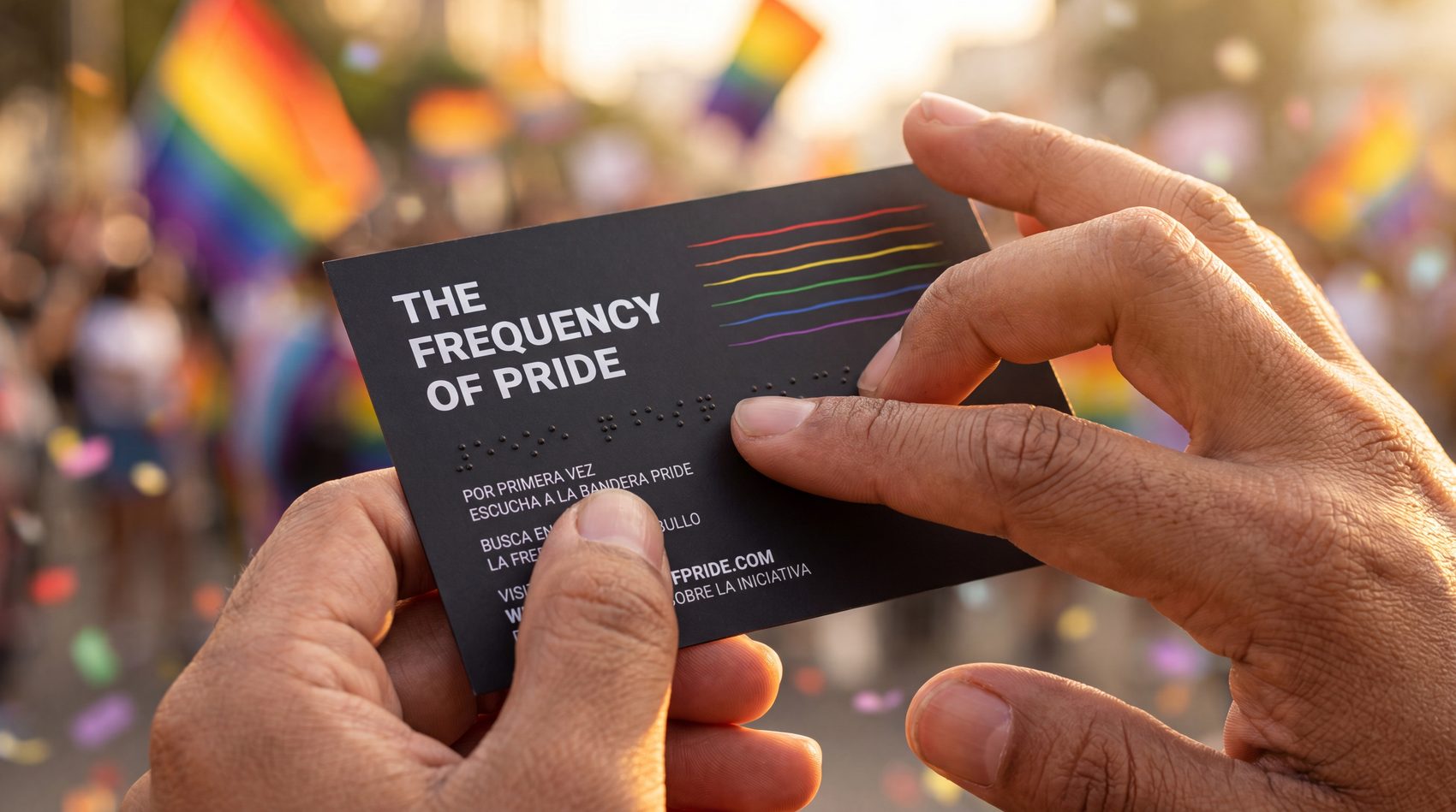 Una persona sostiene la Pride Card durante la Marcha del Orgullo.