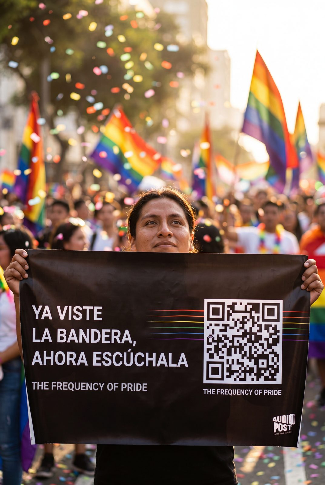 Una persona sostiene en la calle el cartel 'Ya viste la bandera, ahora escúchala' con un código QR.
